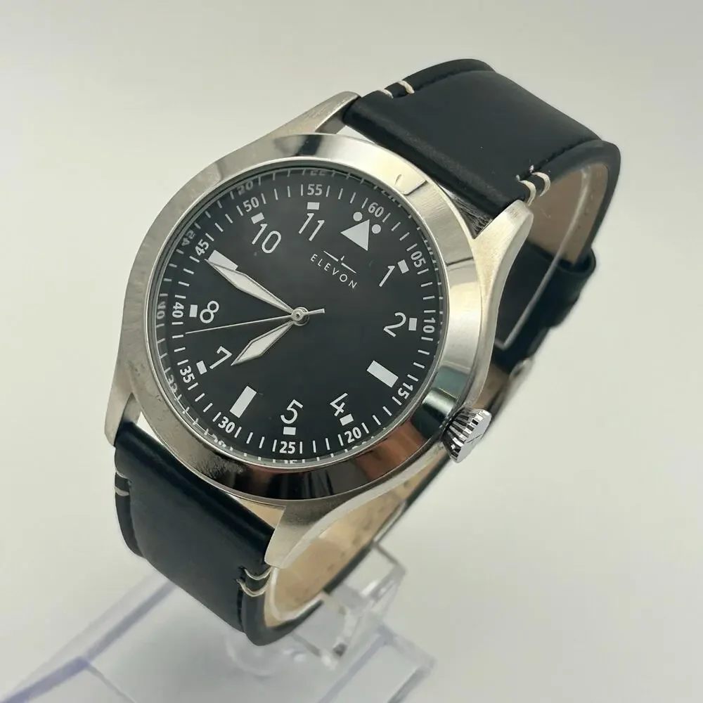 Elevon Hanson Silver Black GenuineLeather St. Steel Men’s Watch New Battery